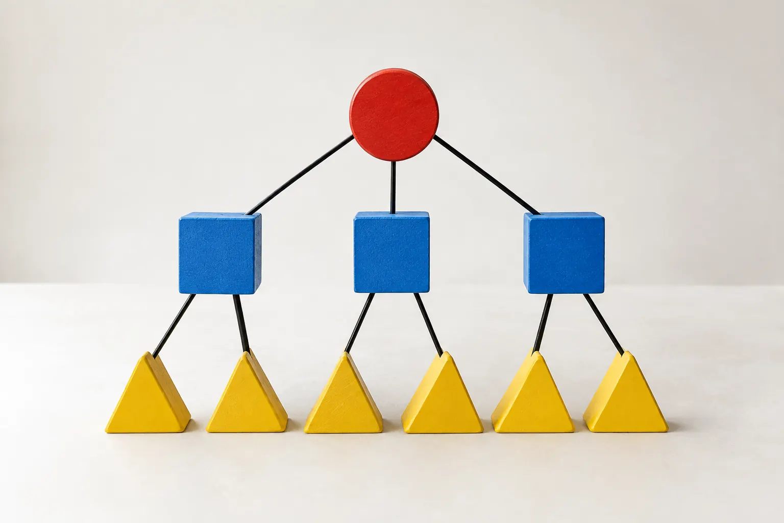 Blocs de bois rouges, bleus et jaunes disposés en arborescence hiérarchique sur une table