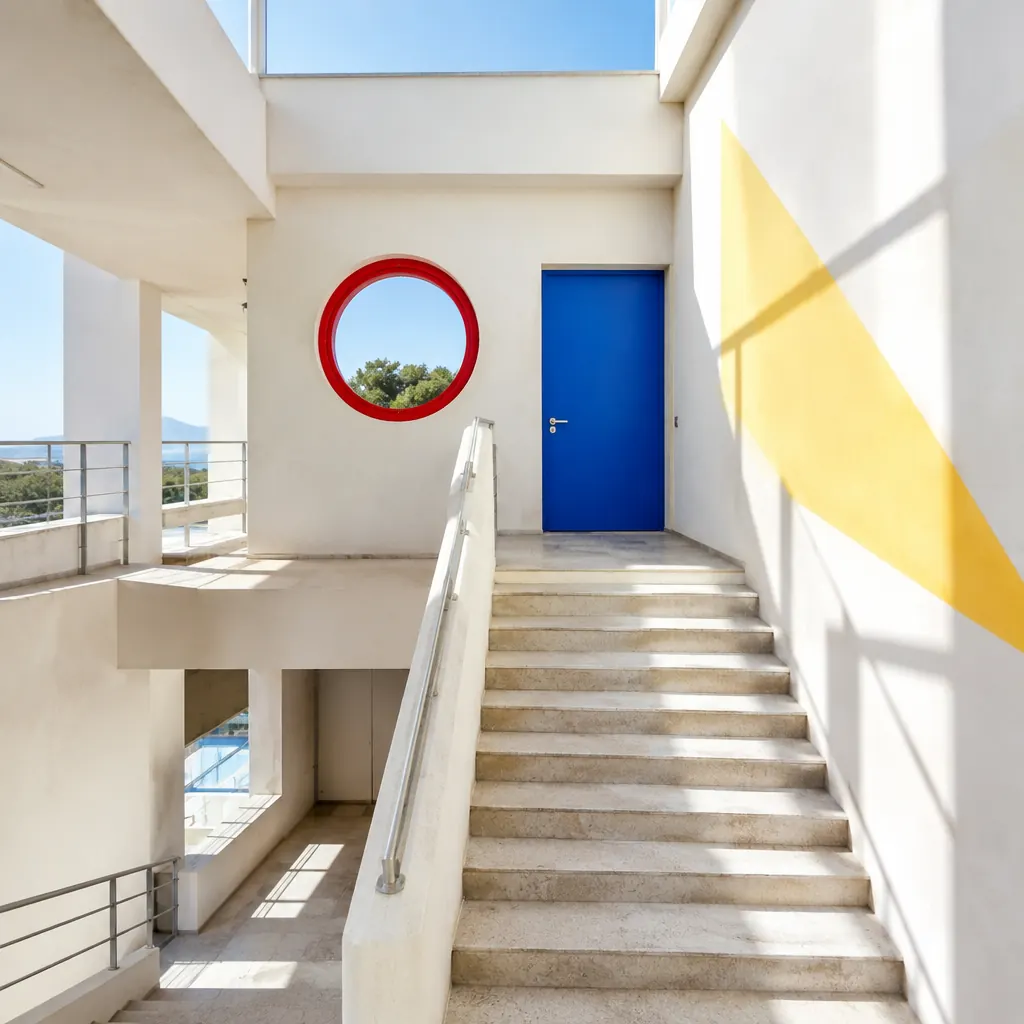 Escalier blanc moderniste aux formes géométriques rouge, bleu et jaune en pleine lumière