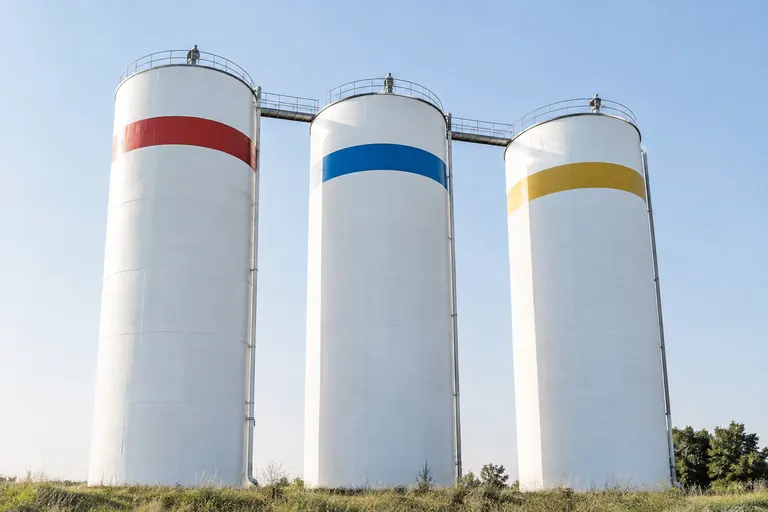 Trois silos blancs à bandes rouge, bleue et jaune, reliés par une passerelle